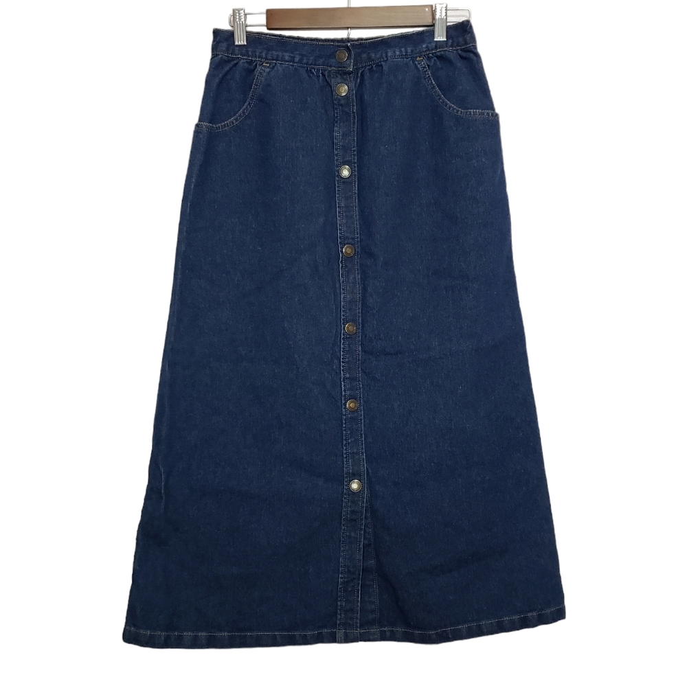 Button front Ribbed Blue Denim Skirt By Blast Point Elastic Waist Back SZ M